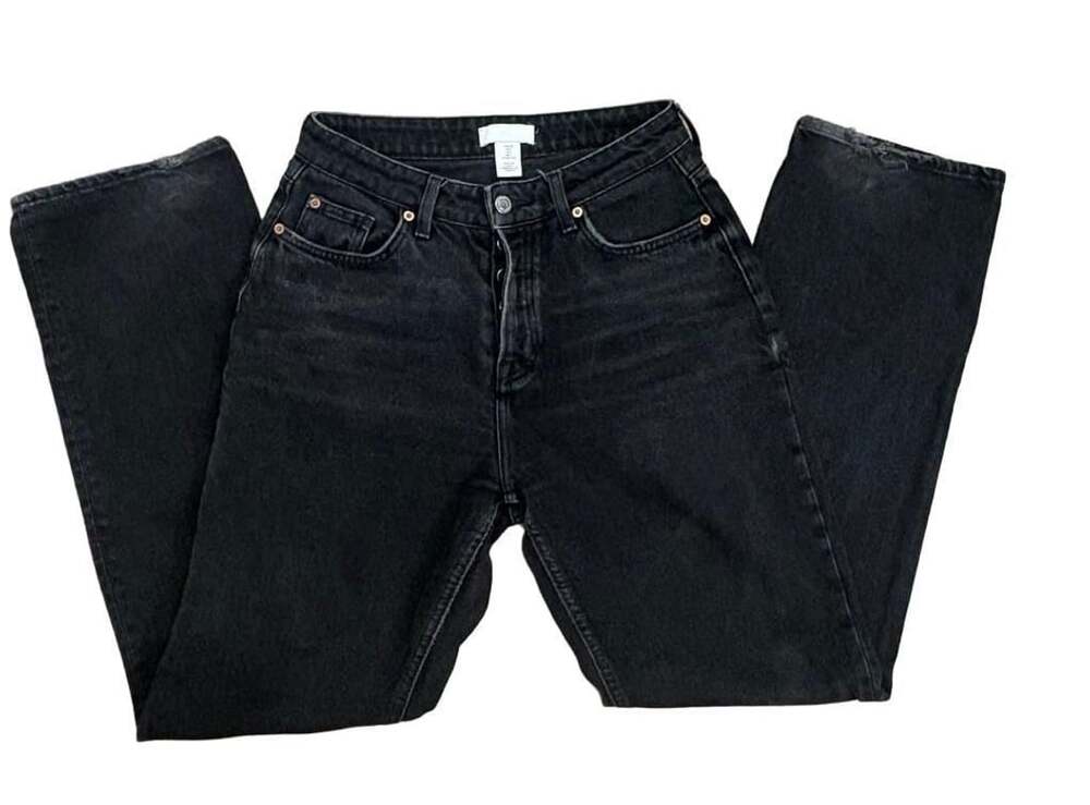 H&M Black High Rise Straight Leg Jeans Button Fly Frayed Hem Women’s 6